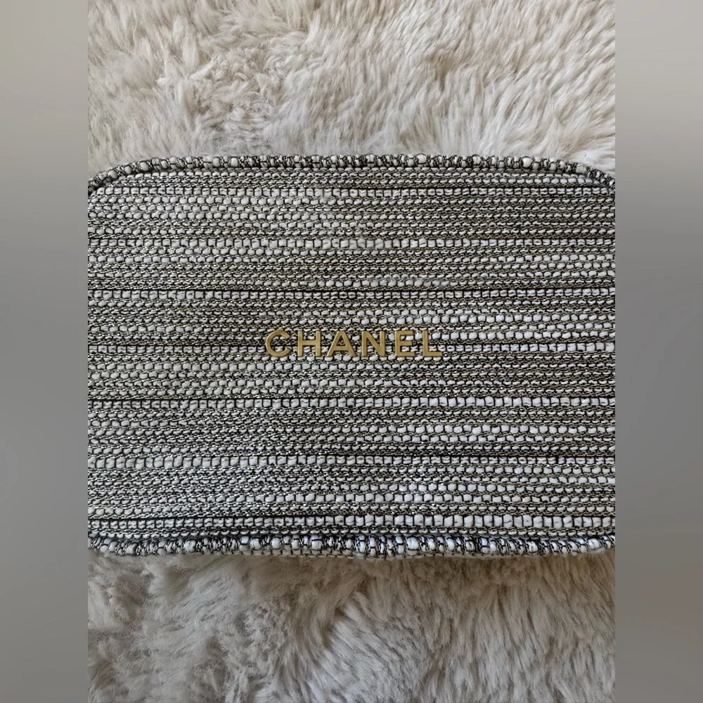 CHANEL 2022 Silver Gold Tweed Cosmetic Bag Pouch Holiday Limited Edition